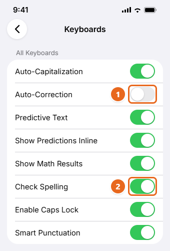 How to Turn Off Autocorrect on iPhone 1 iPhone Keyboards settings in iOS 26 with the Auto-Correction switch turned off and Check Spelling left on