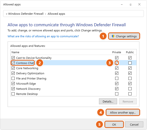 How to Turn Off the Firewall in Windows 11 1 Windows Defender Firewall Allowed apps window with Change settings, a sample app checked for Private networks, Allow another app and OK highlighted