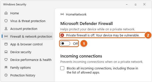 How to Turn Off the Firewall in Windows 11 3 Windows Security Private network page with the Microsoft Defender Firewall switch set to Off and a warning that the private firewall is off