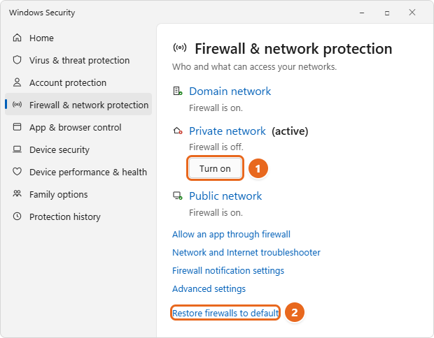 How to Turn Off the Firewall in Windows 11 4 Windows Security Firewall & network protection page showing Firewall is off for the Private network with the Turn on button highlighted