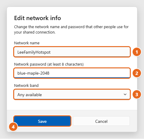 How to Turn On Mobile Hotspot in Windows 11 3 Windows 11 Edit network info dialog with Network name, Network password and Network band fields and the Save button highlighted