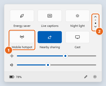 How to Turn On Mobile Hotspot in Windows 11 2 Windows 11 Quick Settings panel showing the Mobile hotspot button on the second page and the page arrows on the right