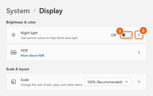 How to Turn On Night Light in Windows 11 1 Windows 11 Settings, System > Display page with the Night light toggle and the Night light arrow highlighted under Brightness & color