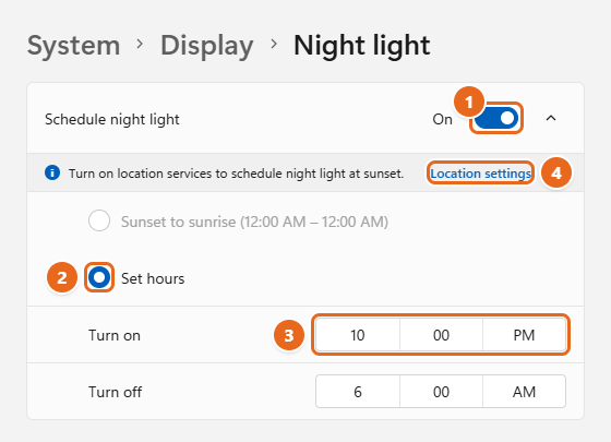 How to Turn On Night Light in Windows 11 3 Windows 11 Night light page with Schedule night light turned on, Set hours selected, Turn on time set to 10:00 PM, and the Location settings link highlighted