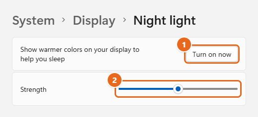 How to Turn On Night Light in Windows 11 2 Windows 11 Night light settings page with the Turn on now button and the Strength slider highlighted