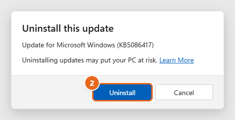 How to Uninstall an Update in Windows 11 3 Windows 11 Uninstall this update confirmation dialog with the Uninstall button highlighted