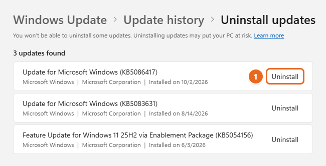How to Uninstall an Update in Windows 11 2 Windows 11 Uninstall updates page listing installed updates with the Uninstall button next to the newest update highlighted
