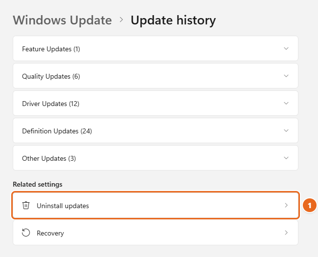 How to Uninstall an Update in Windows 11 1 Windows 11 Settings Update history page with Uninstall updates highlighted under Related settings