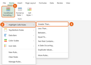 Excel Home tab with Conditional Formatting open, Highlight Cells Rules selected and Greater Than highlighted in the submenu