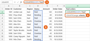 Excel worksheet with =COUNTIF(D2:D11,"Paid" being typed in cell H2, the COUNTIF(range, criteria) tip below it, and the Status range D2:D11 outlined in blue