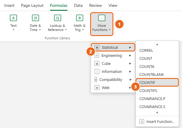 How to Use COUNTIF in Excel 2 Excel Formulas tab with More Functions open, Statistical selected and COUNTIF highlighted in the function list