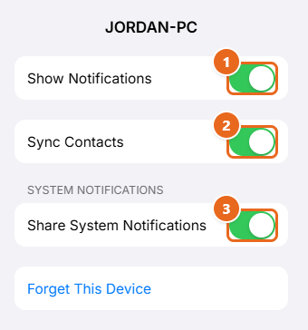 How to Use Phone Link in Windows 11 2 iPhone Bluetooth settings for a paired Windows PC with Show Notifications, Sync Contacts and Share System Notifications turned on