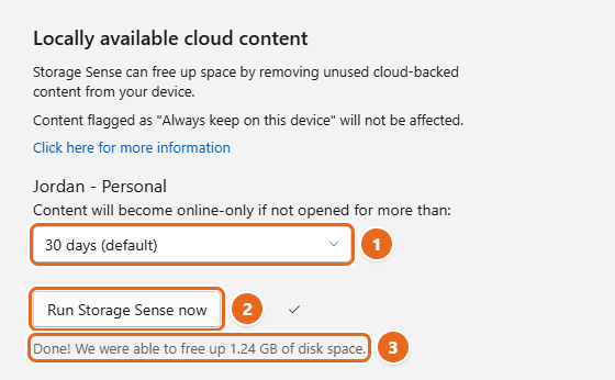 How to Use Storage Sense in Windows 11 3 Storage Sense Locally available cloud content setting for a OneDrive account, the Run Storage Sense now button, and a Done message showing how much space was freed