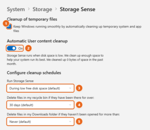 Windows 11 Storage Sense settings page with Cleanup of temporary files checked, Automatic User content cleanup turned on, and the three cleanup schedule menus highlighted