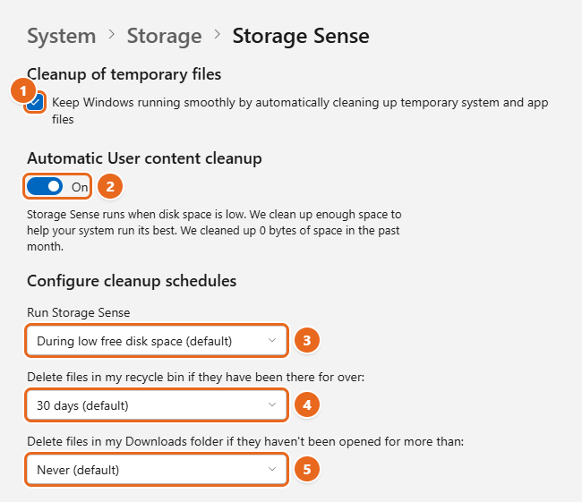 How to Use Storage Sense in Windows 11 2 Windows 11 Storage Sense settings page with Cleanup of temporary files checked, Automatic User content cleanup turned on, and the three cleanup schedule menus highlighted