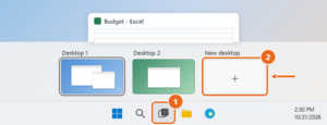Windows 11 Task view with the Task view taskbar button and the New desktop tile highlighted in the desktops bar