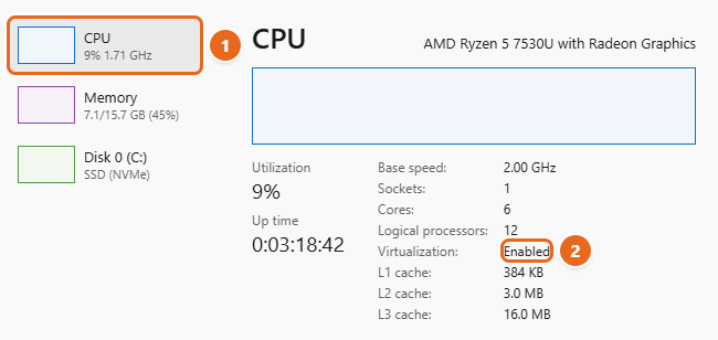 How to Use Windows Sandbox in Windows 11 1 Windows 11 Task Manager Performance page with CPU selected and Virtualization showing Enabled