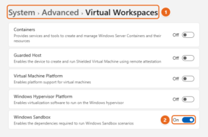 Windows 11 Settings Virtual Workspaces page under System > Advanced with the Windows Sandbox toggle turned on