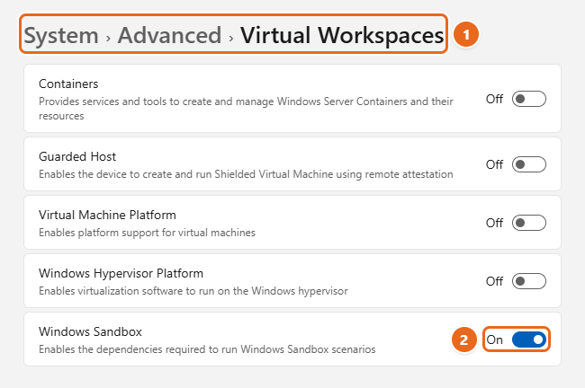 How to Use Windows Sandbox in Windows 11 2 Windows 11 Settings Virtual Workspaces page under System > Advanced with the Windows Sandbox toggle turned on