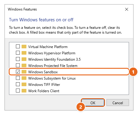 How to Use Windows Sandbox in Windows 11 3 Windows Features dialog with the Windows Sandbox check box selected and the OK button highlighted