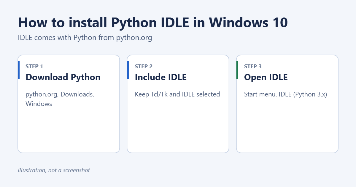 How to Install Python IDLE in Windows 10 1 Illustration of how to install Python IDLE in Windows 10: download Python from python.org, keep IDLE selected, and open it from the Start menu