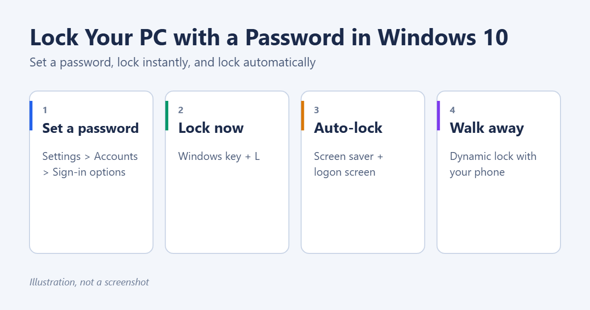 How to Lock Your PC Screen with a Password in Windows 10 1 How to lock a Windows 10 PC with a password: set a password, press Windows+L, set automatic locking and use Dynamic lock