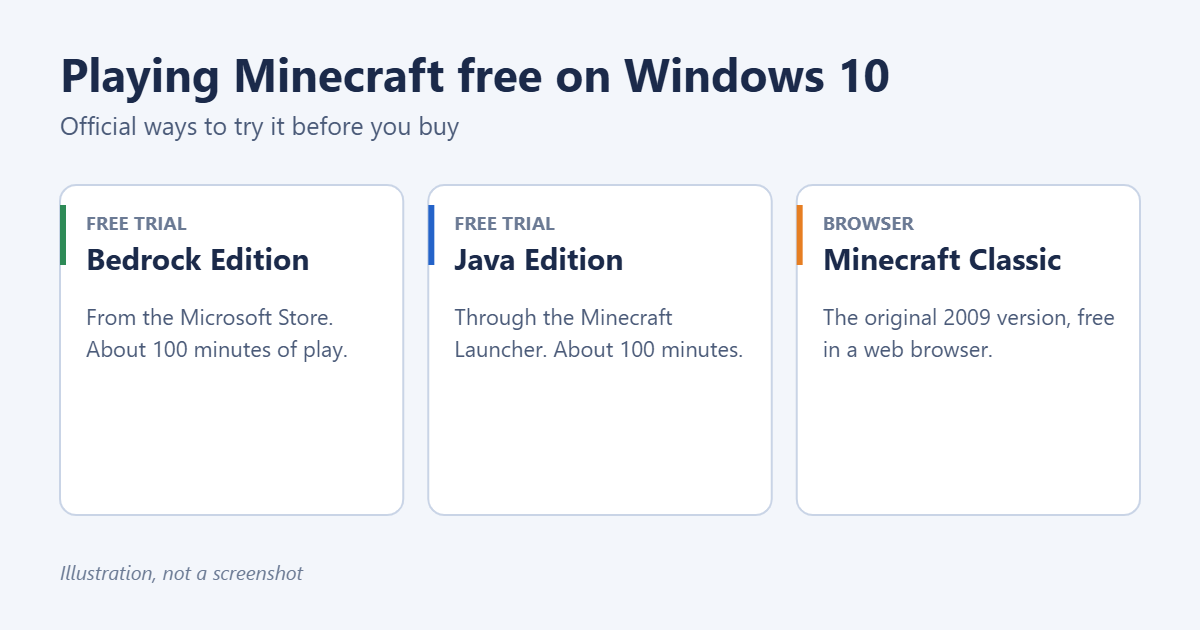 How to Try Minecraft for Free on Windows 10 1 Three official ways to play Minecraft free on Windows 10: Bedrock trial, Java trial and Minecraft Classic