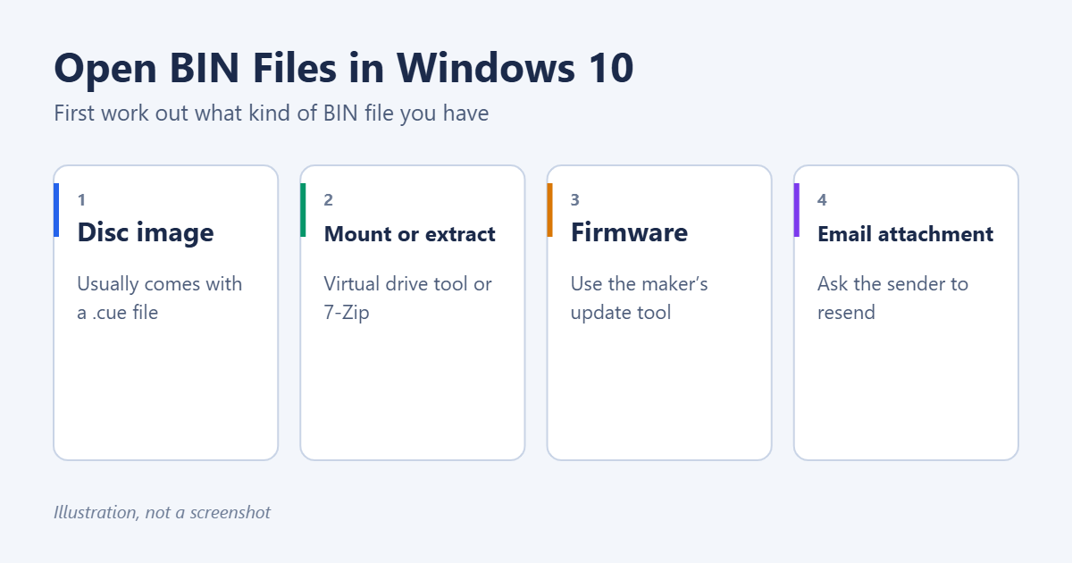 How to Open BIN Files in Windows 10 1 How to open BIN files in Windows 10: disc images with a CUE file, mounting or extracting, firmware files, and BIN email attachments