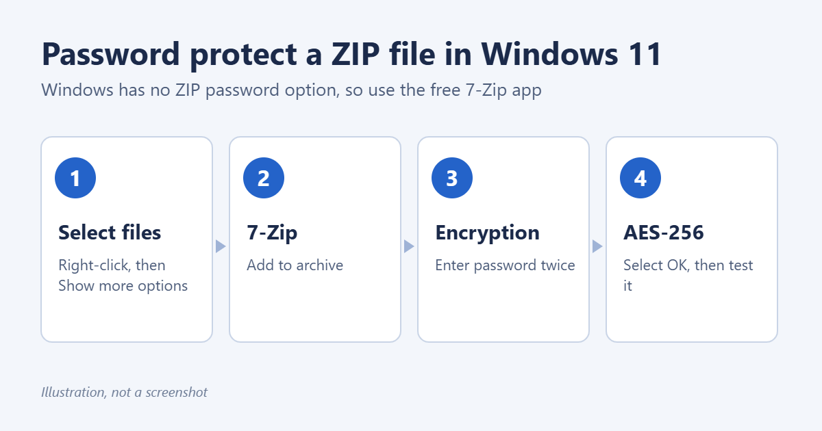 How to Password Protect a ZIP File on Windows 11 1 Illustration of the steps to password protect a ZIP file in Windows 11 with 7-Zip: right-click the files, choose Add to archive, enter a password, and pick AES-256 encryption