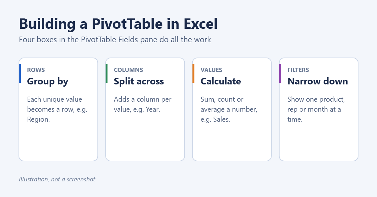 How to Make a Pivot Table in Excel (Step by Step) 1 The four areas of an Excel PivotTable: Rows, Columns, Values and Filters, with what each one does