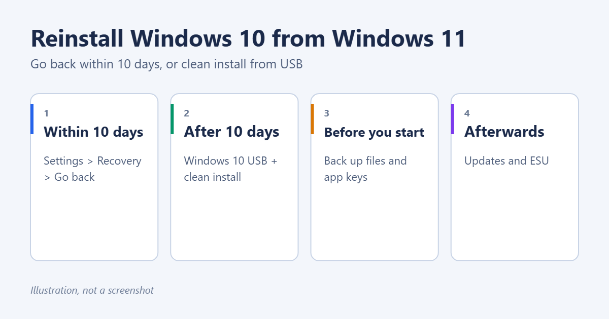How to Reinstall Windows 10 from Windows 11 1 How to reinstall Windows 10 from Windows 11: use Go back within 10 days, or do a clean install from a Windows 10 USB drive, then install updates and consider Extended Security Updates