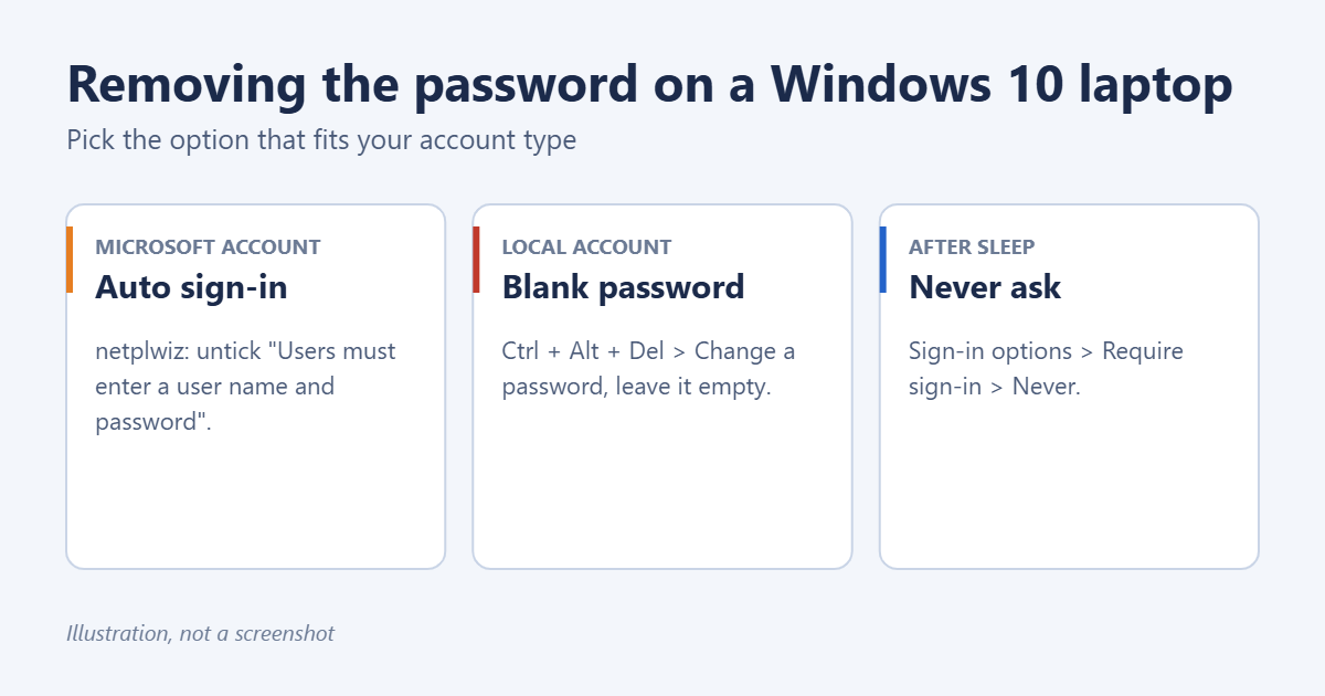 How to Remove the Password on a Windows 10 Laptop 1 Ways to remove the password on a Windows 10 laptop: automatic sign-in with netplwiz, a blank local password, and not asking after sleep