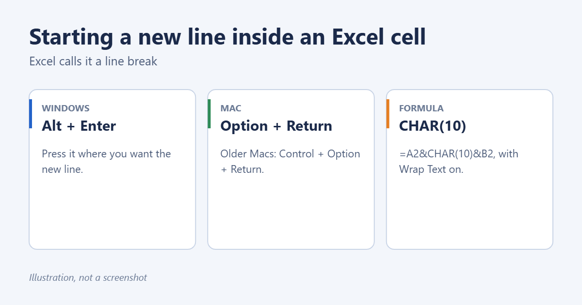 How to Add a Line Break (Return) in an Excel Cell 1 How to add a line break in an Excel cell: Alt+Enter on Windows, Option+Return on Mac, and CHAR(10) in formulas
