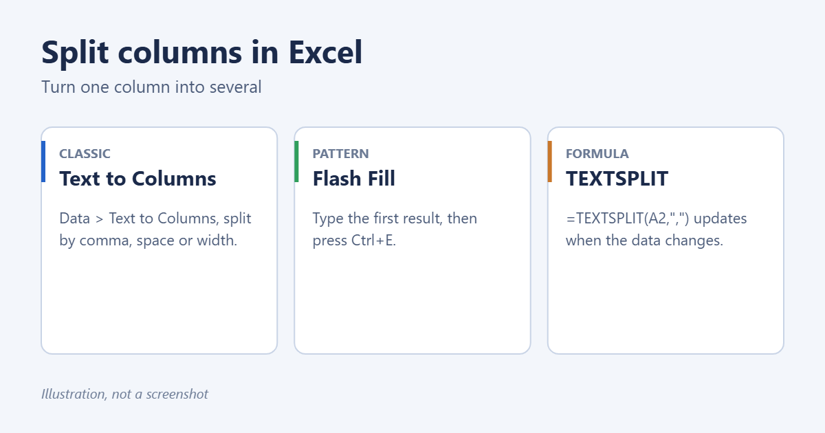 How to Split Columns in Excel (Text to Columns, Flash Fill and TEXTSPLIT) 1 Three ways to split one column into several in Excel