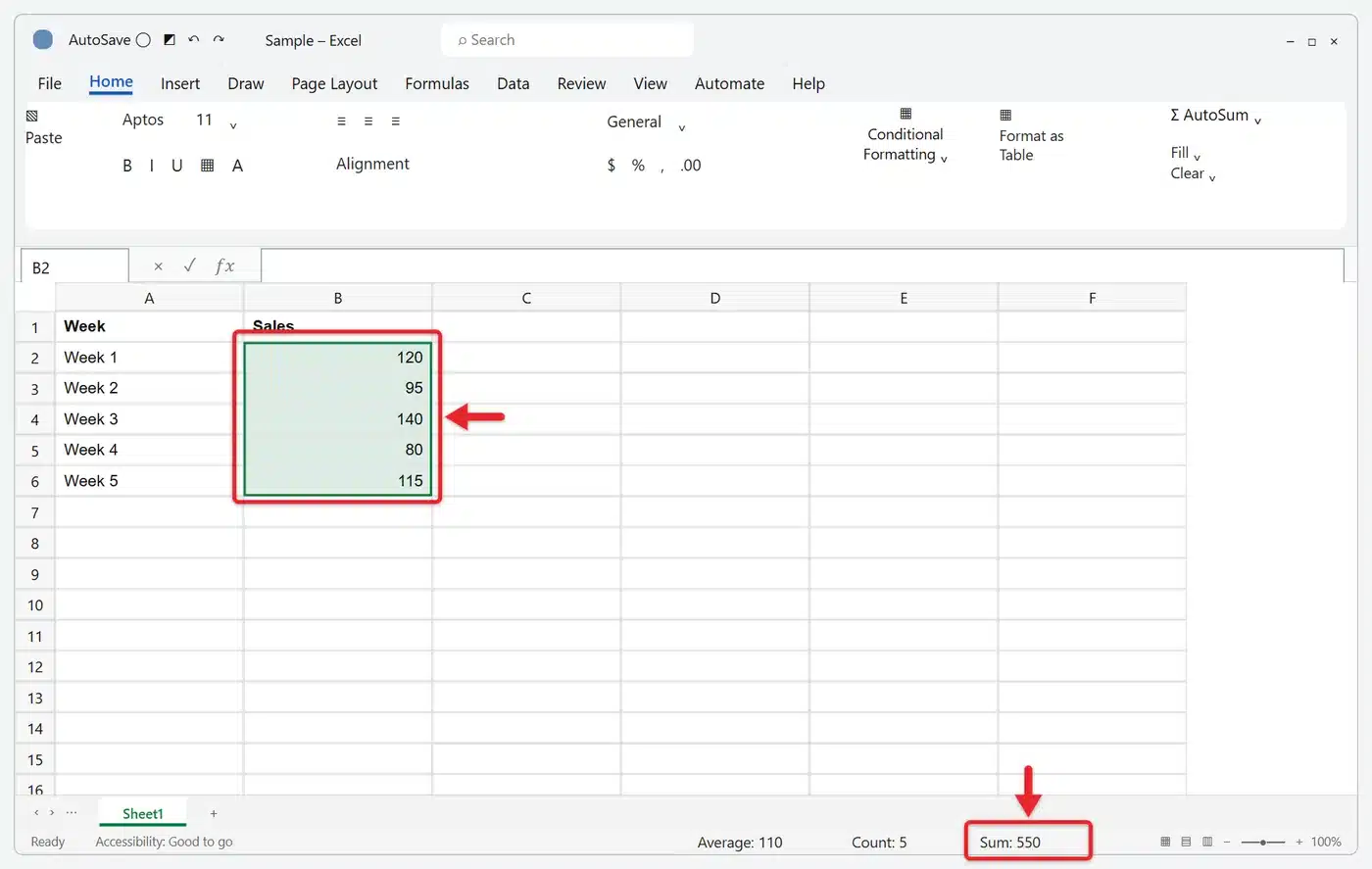 How to Add Numbers in Excel 1 Excel status bar showing Average 110, Count 5 and Sum 550 for five selected sales cells