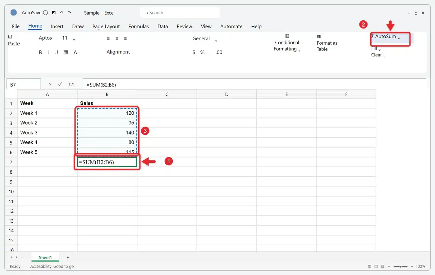 How to Add Numbers in Excel 2 Excel Home tab with AutoSum selected and =SUM(B2:B6) entered in cell B7 under a column of sales numbers