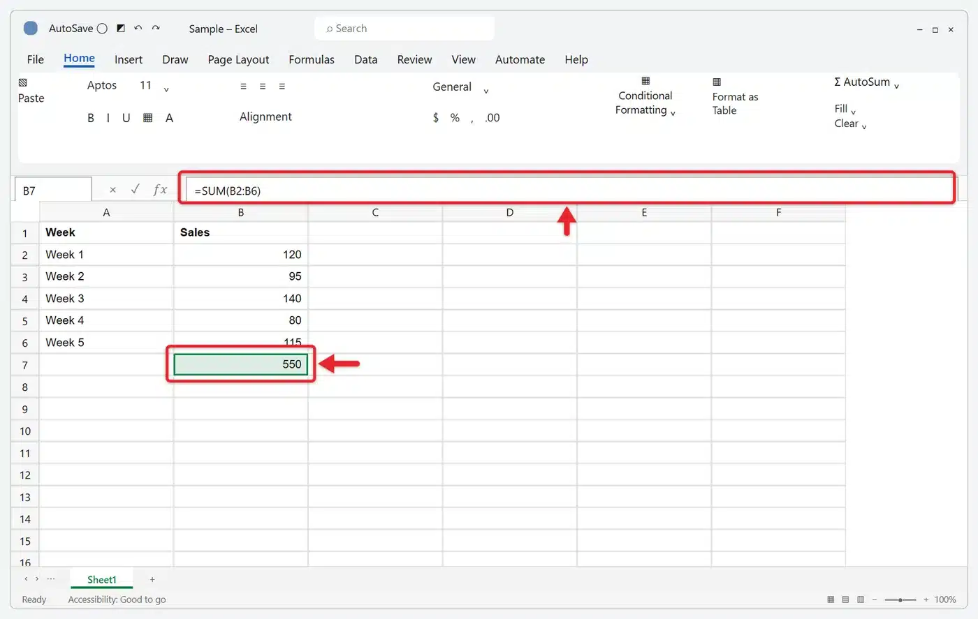 How to Add Numbers in Excel 3 Cell B7 showing the total 550 with =SUM(B2:B6) displayed in the formula bar