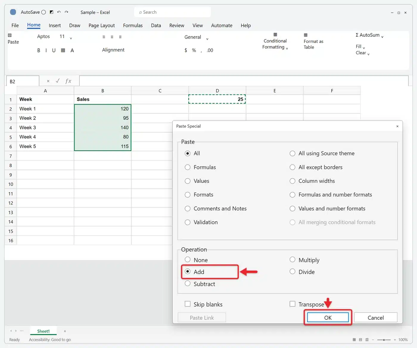 How to Add Numbers in Excel 4 Excel Paste Special dialog with Add selected under Operation