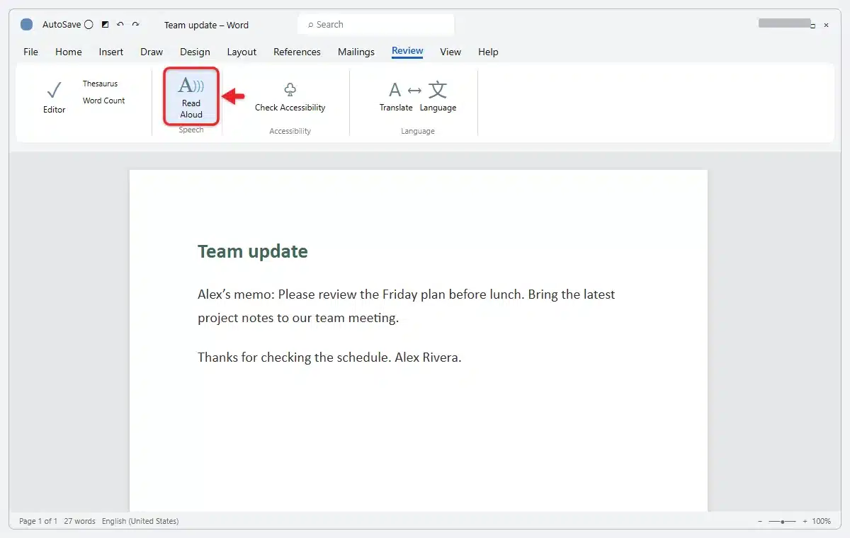 How to Use Read Aloud in Word (Windows, Mac, Web and Mobile) 1 Word Review tab with the Read Aloud button in the Speech group highlighted