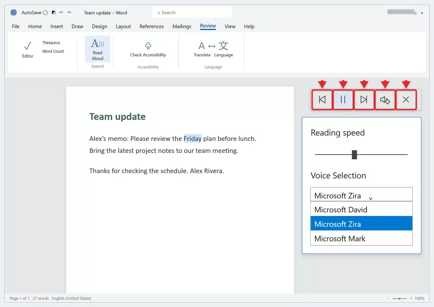 How to Use Read Aloud in Word (Windows, Mac, Web and Mobile) 2 Read Aloud control bar with the settings panel open showing reading speed and voice selection while a word is highlighted