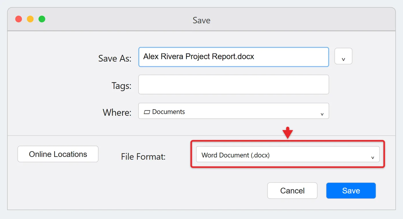 How to Convert PDF to Word on Mac (4 Ways, Including Scans) 1 Word for Mac Save As sheet with Word Document (.docx) selected as the file format