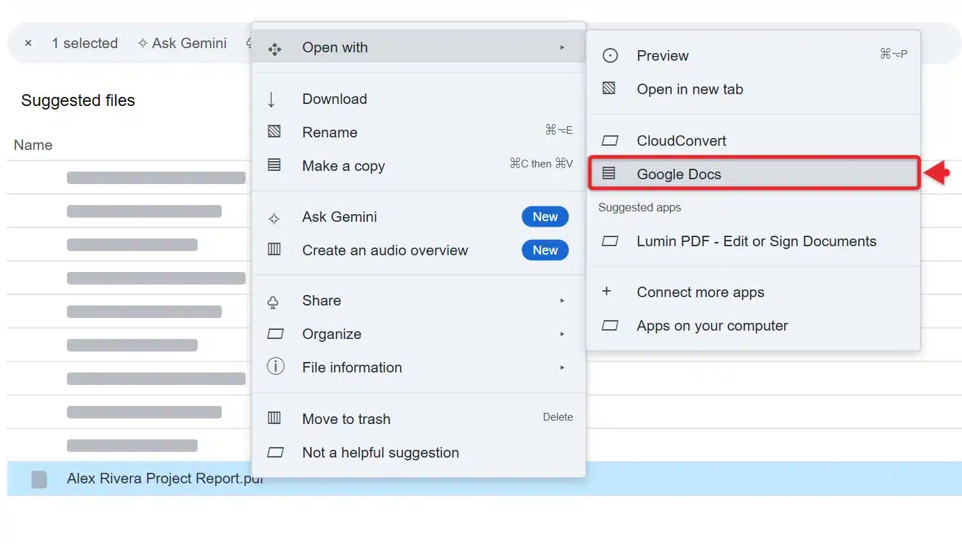 How to Convert PDF to Word on Mac (4 Ways, Including Scans) 2 Google Drive right-click menu with Open with and Google Docs highlighted on a PDF