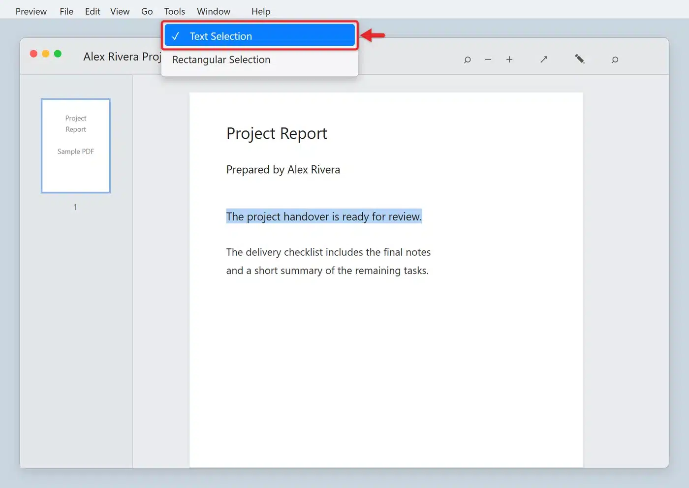 How to Convert PDF to Word on Mac (4 Ways, Including Scans) 3 Preview Tools menu with Text Selection highlighted and text selected in a PDF
