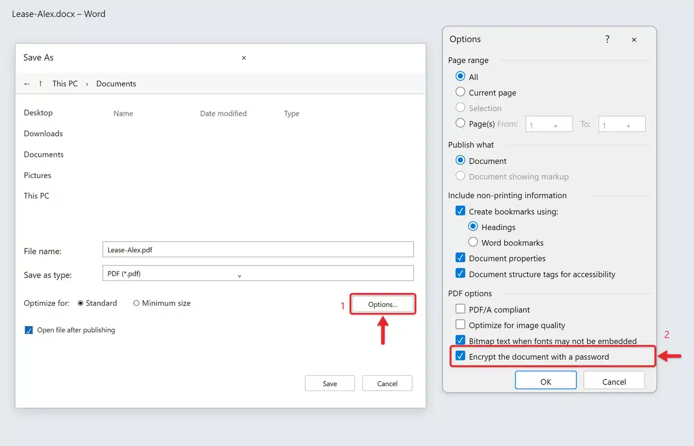 How to Password Protect a PDF File in Windows 10 (4 Ways) 1 Word Save As window set to PDF with the Options dialog open and Encrypt the document with a password ticked