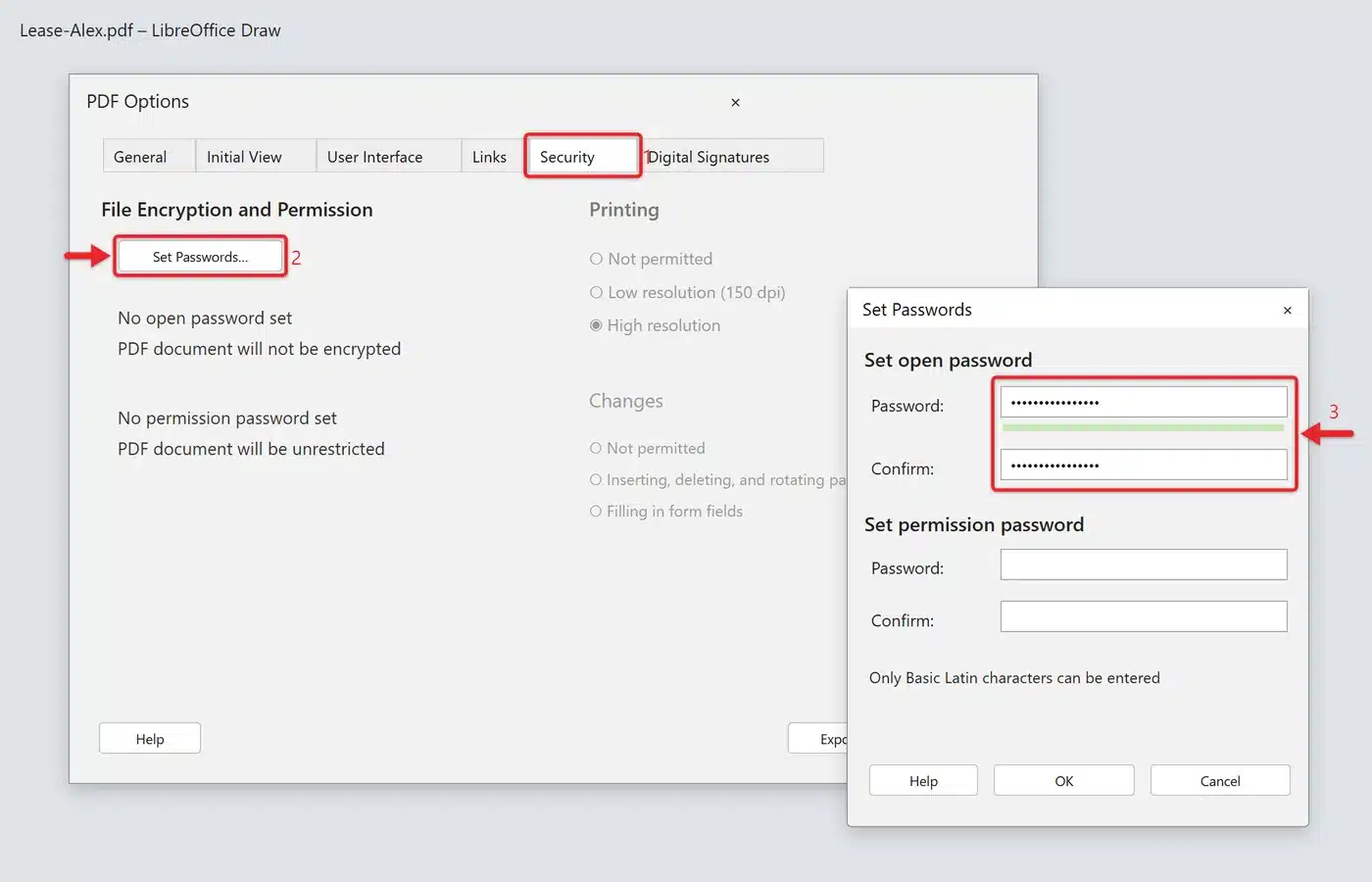 How to Password Protect a PDF File in Windows 10 (4 Ways) 2 LibreOffice PDF Options window on the Security tab with the Set Passwords dialog open