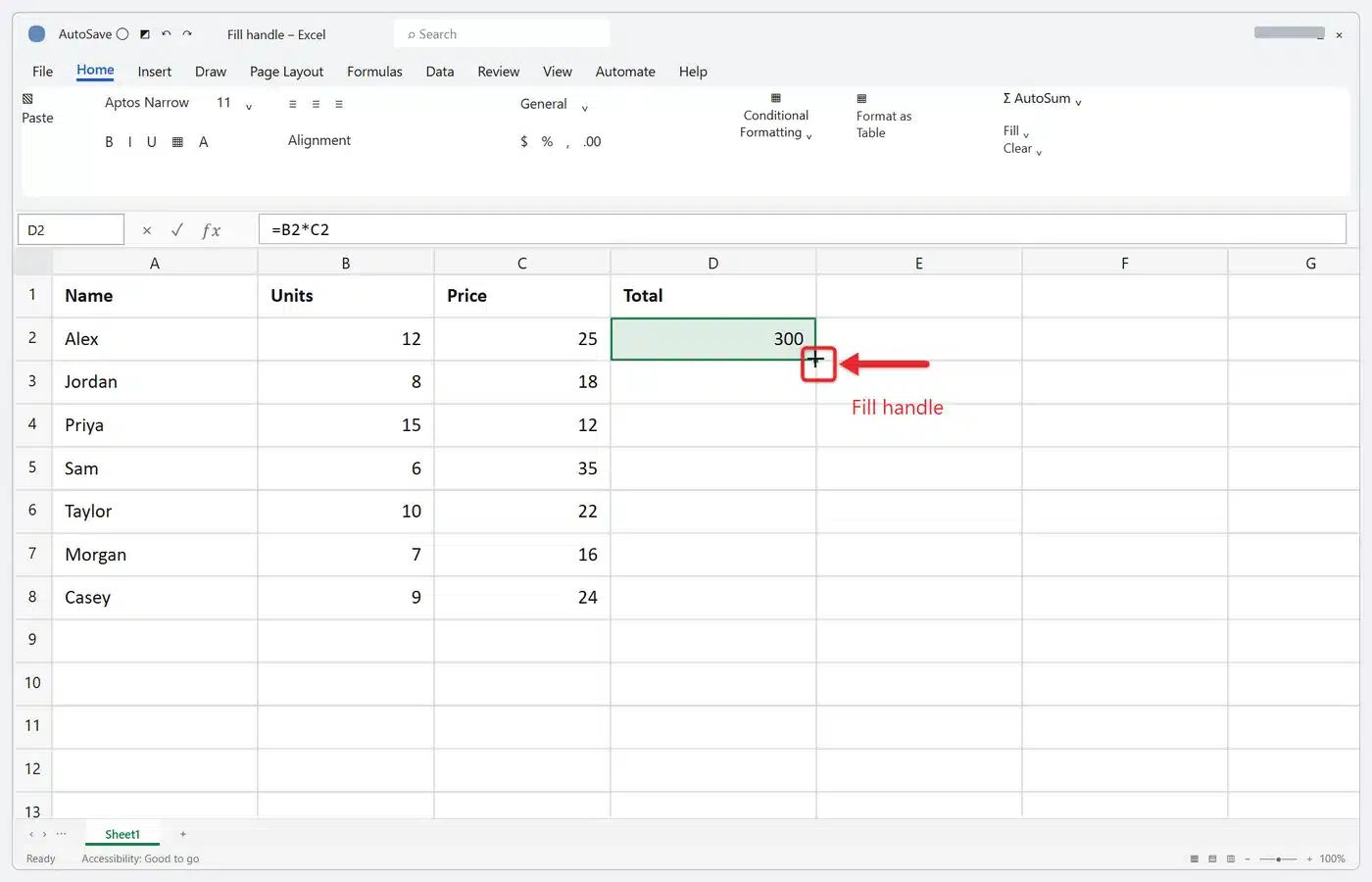 How to Use the Fill Handle in Excel 1 Excel worksheet with cell D2 selected and the pointer on the small square at its bottom-right corner, showing the thin black plus sign
