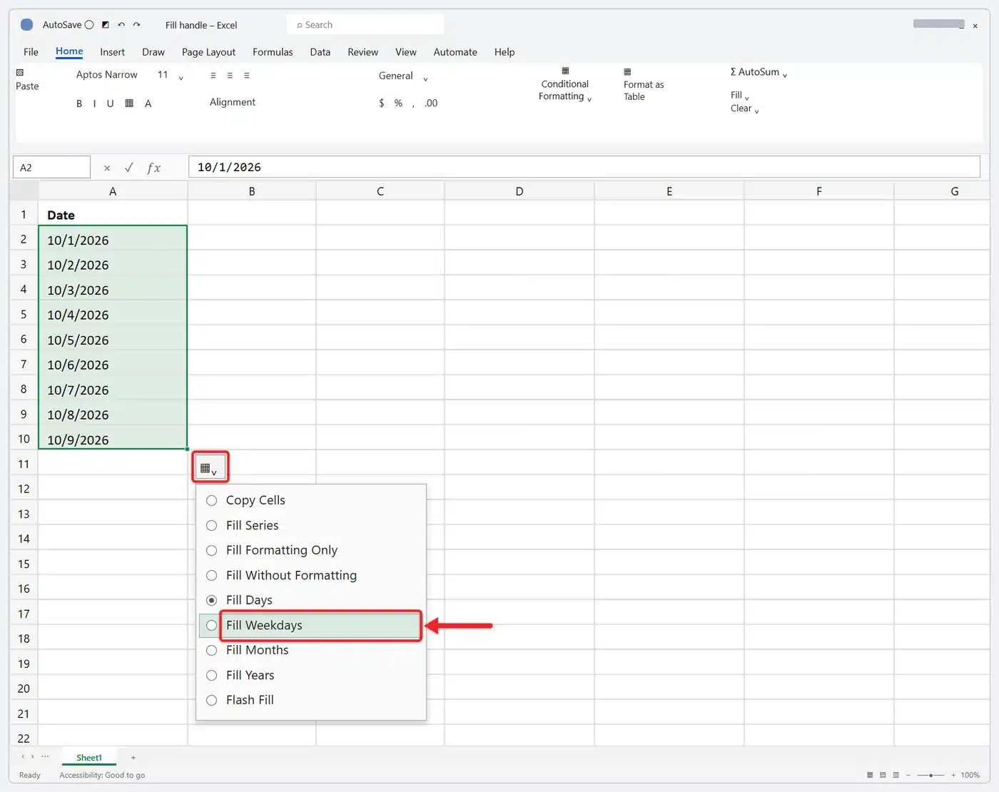 How to Use the Fill Handle in Excel 3 Auto Fill Options menu open after dragging a date down a column, listing Copy Cells, Fill Series, Fill Days, Fill Weekdays, Fill Months and Fill Years