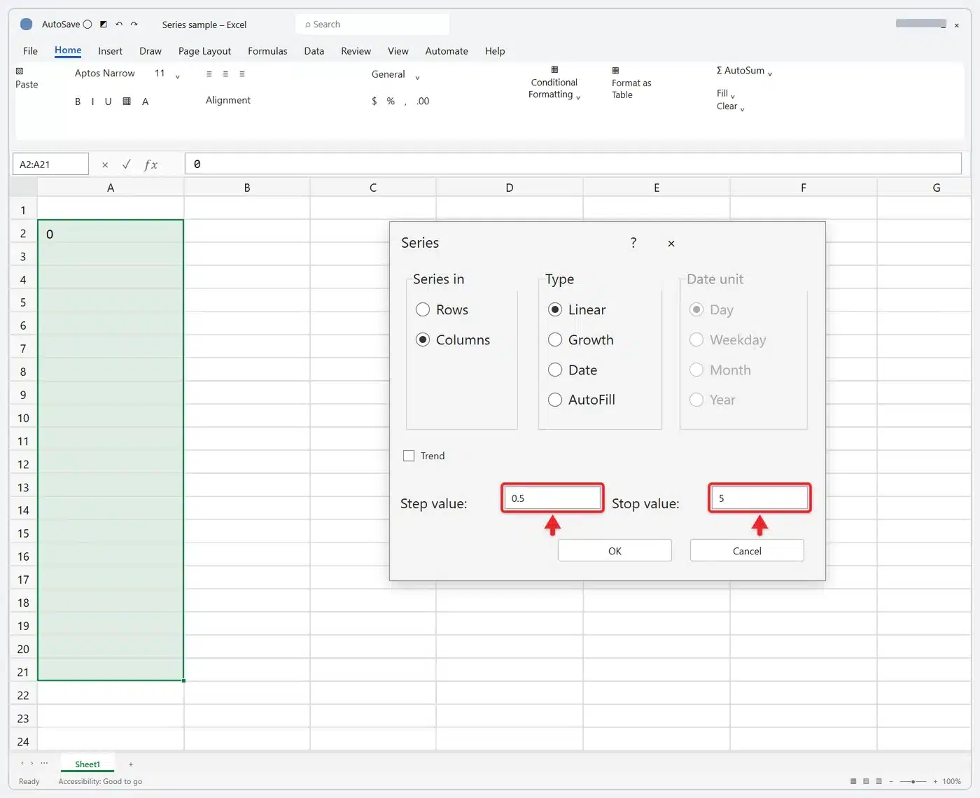 How to Use the Fill Handle in Excel 4 Excel Series dialog with Columns and Linear selected, Step value 0.5 and Stop value 5
