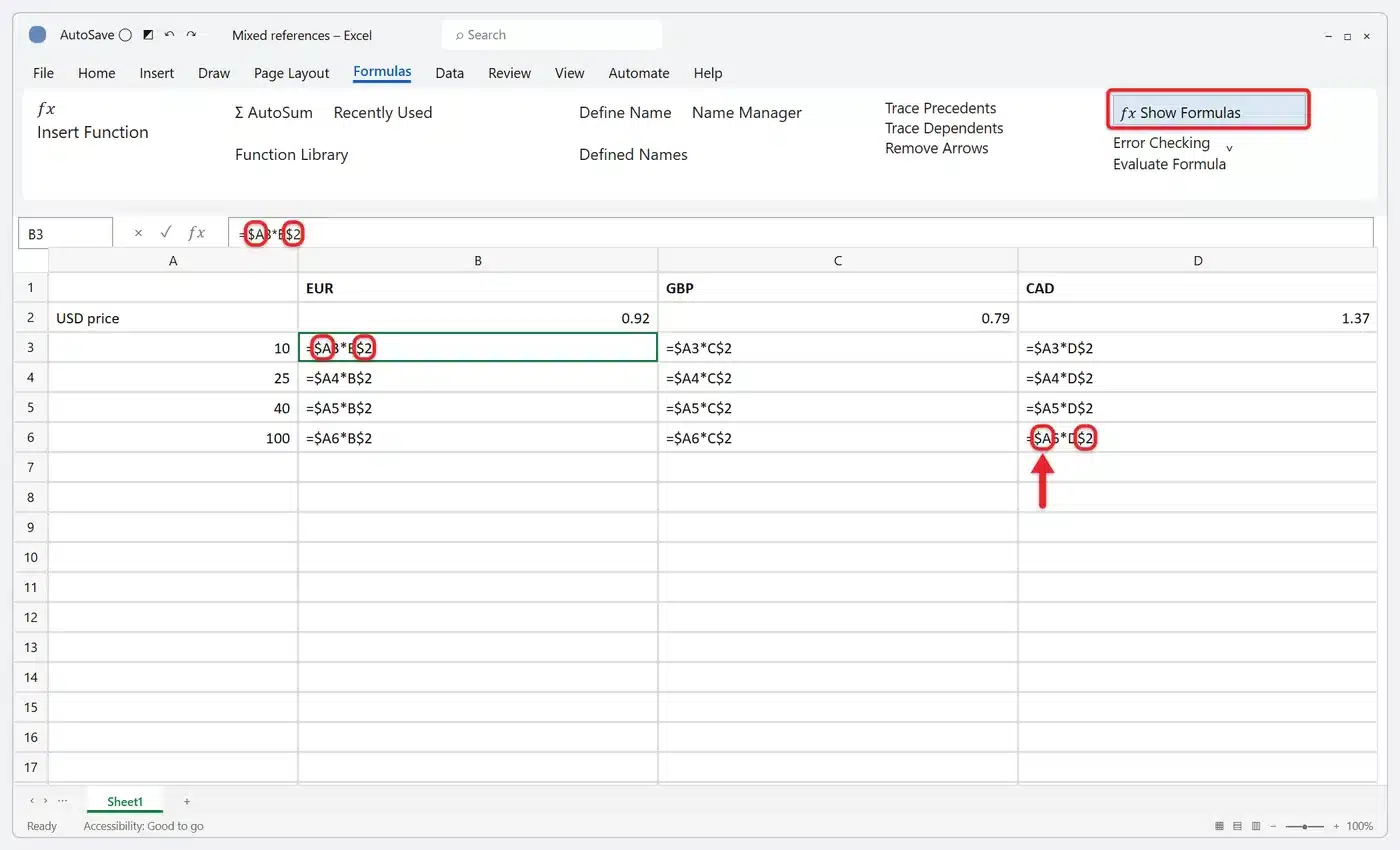 How to Use Absolute Cell Reference in Excel 3 Grid of mixed-reference formulas shown with Show Formulas, each using a locked column A and locked row 2