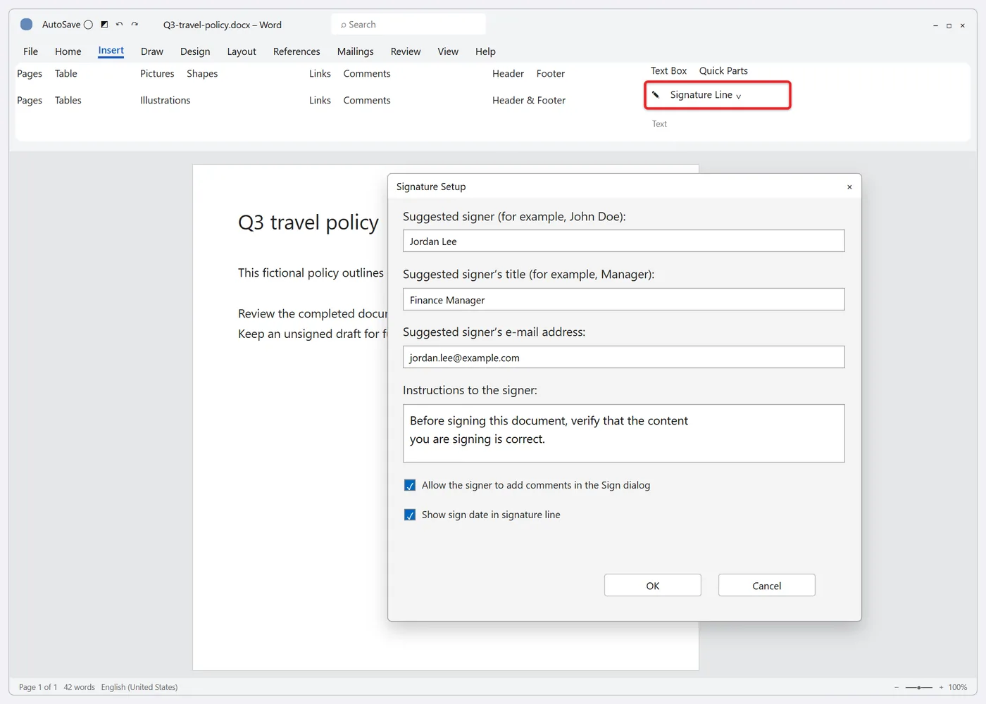 How to Insert a Digital Signature in Word 1 Word Signature Setup dialog with suggested signer, title and email filled in and the Signature Line button highlighted on the Insert tab